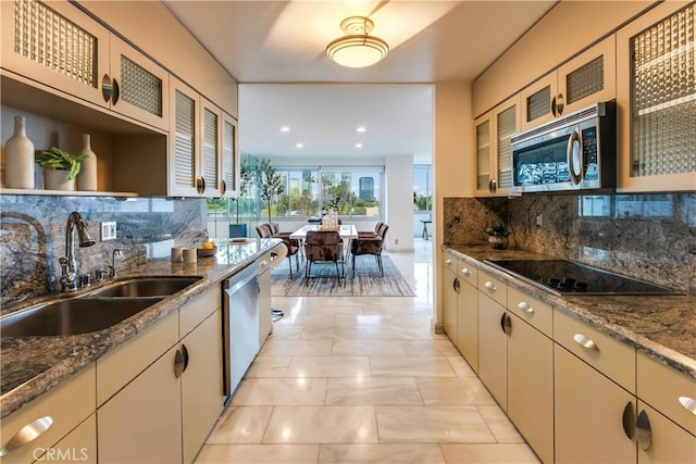 kitchen with decorative backsplash, dark stone countertops, appliances with stainless steel finishes, and a sink