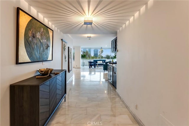 hall with baseboards and marble finish floor