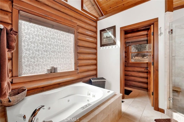 full bath featuring log walls, a whirlpool tub, wood ceiling, and a shower stall