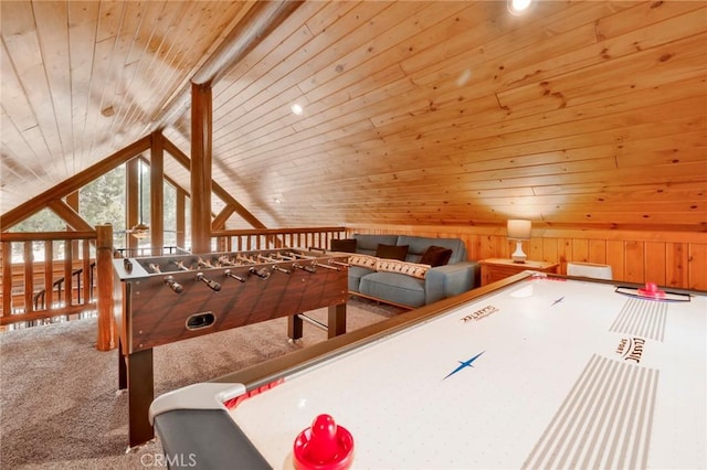 playroom with vaulted ceiling, wood walls, wood ceiling, and carpet floors