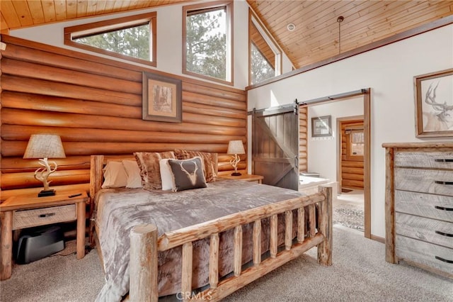 carpeted bedroom featuring a barn door, high vaulted ceiling, wooden ceiling, and rustic walls