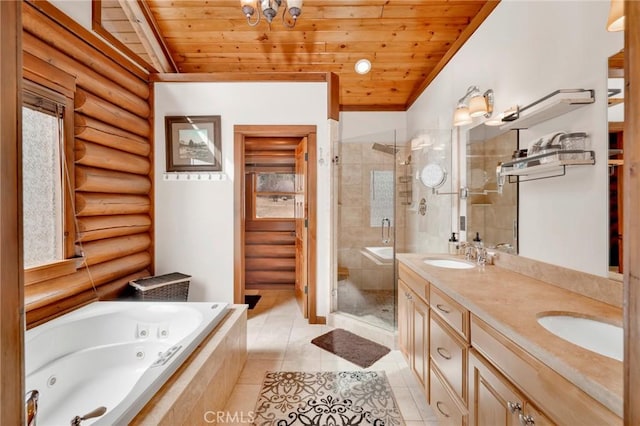 bathroom with a stall shower, a sink, a jetted tub, log walls, and wood ceiling