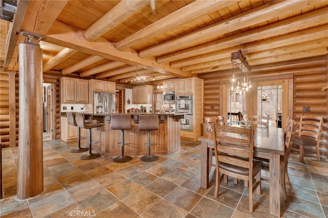 dining area with rustic walls, wooden ceiling, and beam ceiling