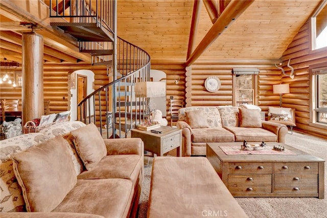 living area with stairway, carpet flooring, wood ceiling, and high vaulted ceiling