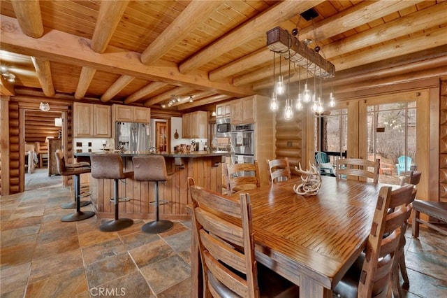 dining area featuring beam ceiling, stone tile floors, wood ceiling, and log walls