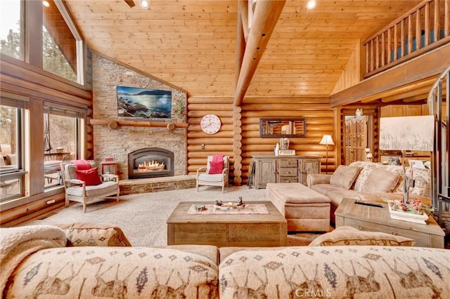 carpeted living room featuring log walls, high vaulted ceiling, a stone fireplace, and wooden ceiling