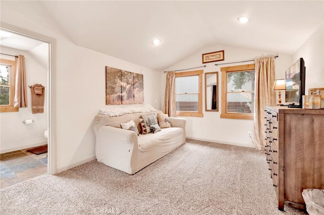 living area with recessed lighting, baseboards, light carpet, and vaulted ceiling