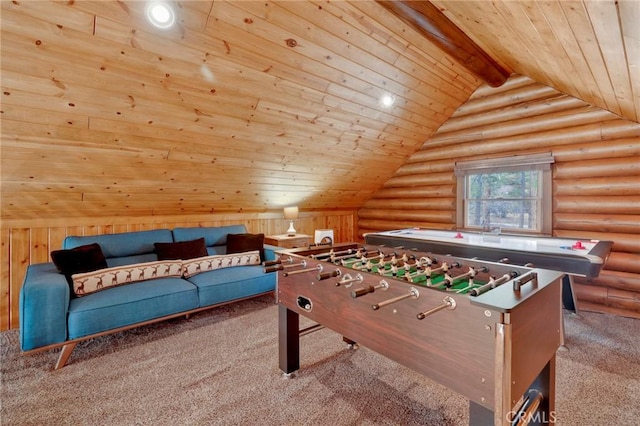 playroom featuring lofted ceiling with beams, carpet, wooden ceiling, and rustic walls