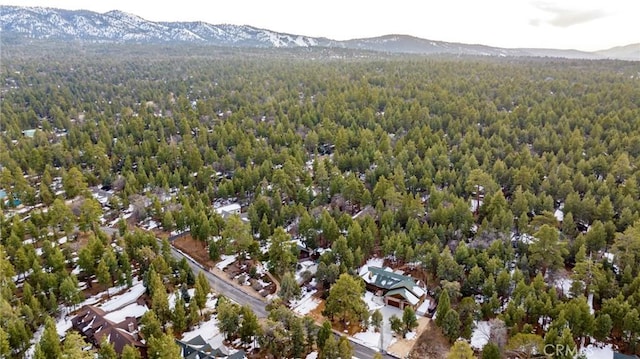 drone / aerial view with a mountain view and a wooded view