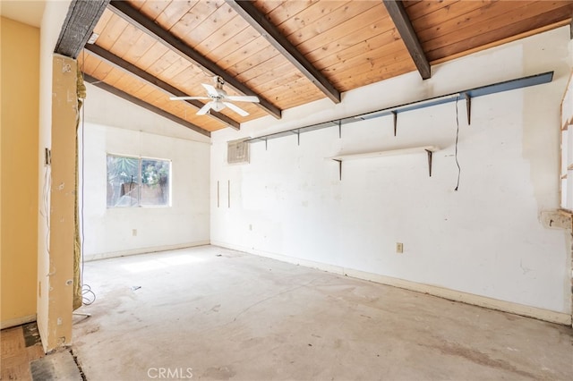 spare room featuring wooden ceiling, unfinished concrete floors, and vaulted ceiling with beams