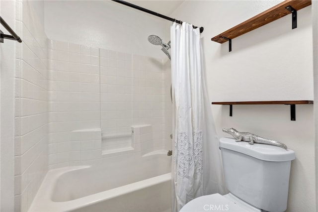 full bath featuring shower / bath combination with curtain and toilet