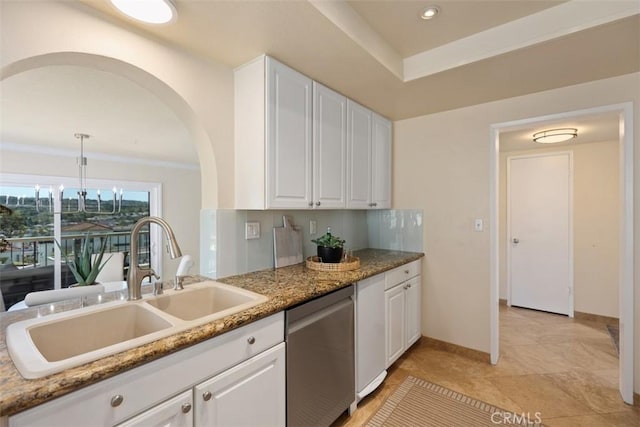 22364 Manacor Unit 9, Mission Viejo, CA 92692 - kitchen with dishwasher, a sink, arched walkways, white cabinetry, and recessed lighting