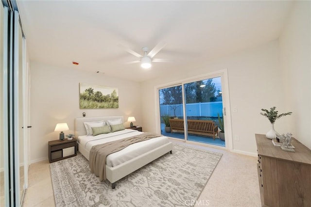 bedroom with ceiling fan, access to outside, baseboards, and light carpet