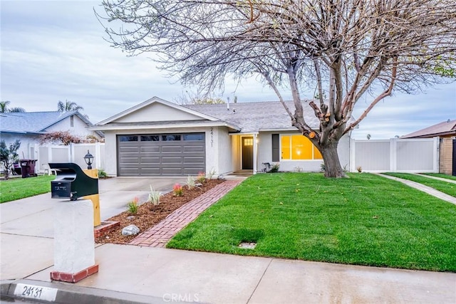 ranch-style home featuring a front lawn, fence, concrete driveway, stucco siding, and a garage