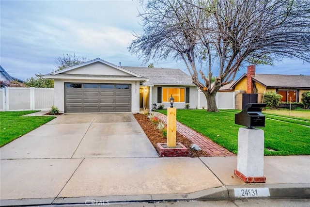 view of front of home with an attached garage, a front lawn, and fence