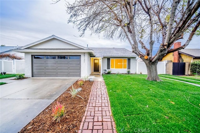 ranch-style home featuring an attached garage, fence, driveway, and stucco siding