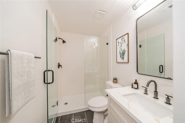 full bathroom with vanity, toilet, visible vents, and a stall shower