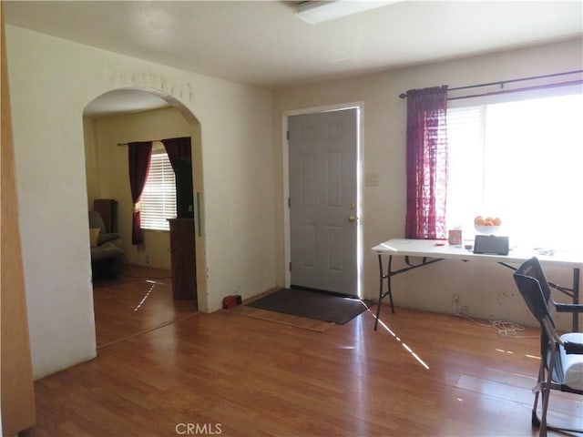 foyer with a wealth of natural light, arched walkways, and wood finished floors