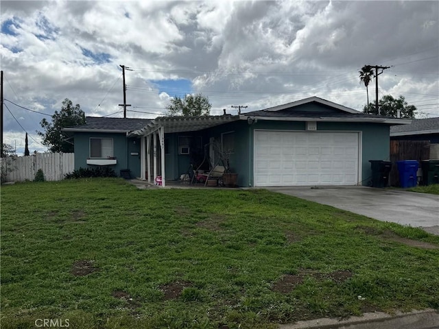 single story home with fence, driveway, stucco siding, a front lawn, and a garage