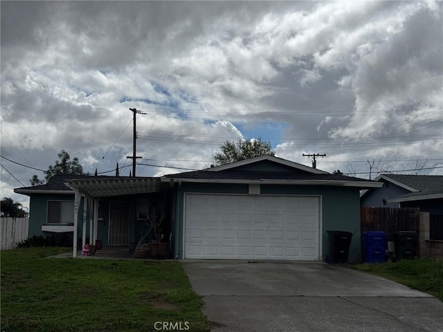 ranch-style house with a front lawn, fence, stucco siding, a garage, and driveway