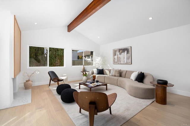 living area with recessed lighting, light wood-type flooring, baseboards, and vaulted ceiling with beams