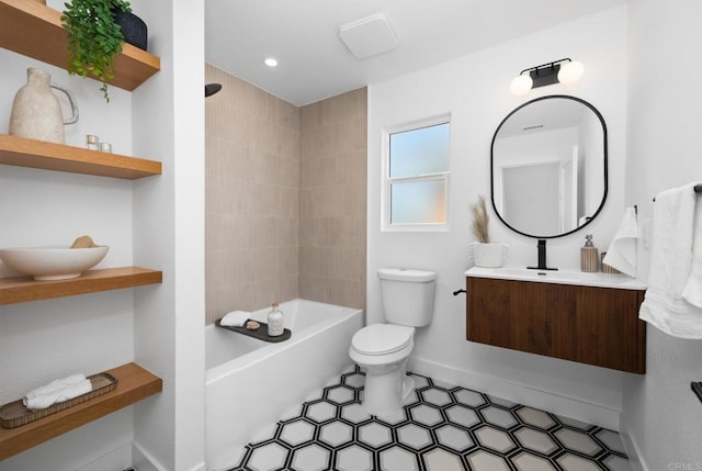 full bath featuring vanity, baseboards, recessed lighting, shower / bath combination, and toilet