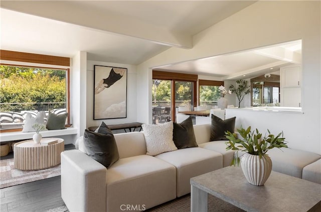 living area with dark wood finished floors and lofted ceiling with beams