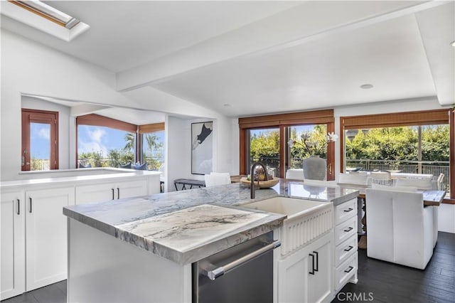 kitchen with a sink, a wealth of natural light, stainless steel dishwasher, and a skylight