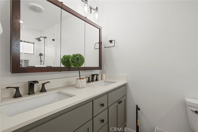 full bathroom featuring a shower stall, toilet, double vanity, and a sink