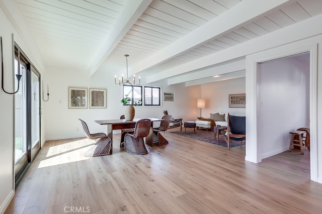 dining room with a wealth of natural light, beamed ceiling, baseboards, and light wood finished floors