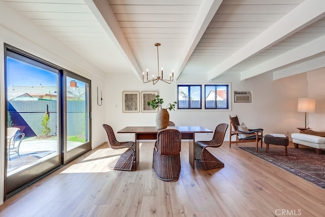 dining area with beam ceiling, a chandelier, an AC wall unit, and wood finished floors