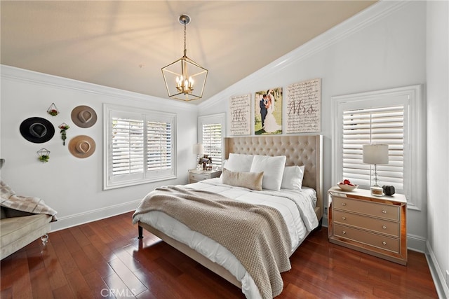 bedroom featuring crown molding, baseboards, dark wood-type flooring, a chandelier, and lofted ceiling