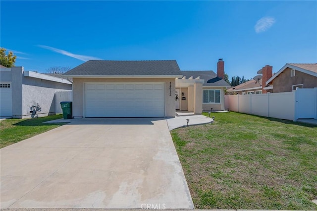 ranch-style house featuring stucco siding, a garage, a front yard, and fence