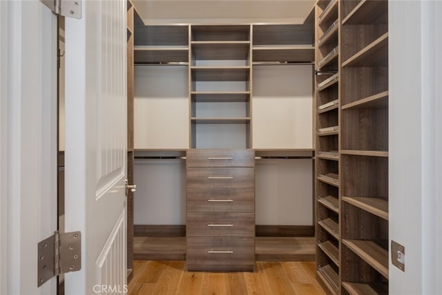 walk in closet with light wood finished floors