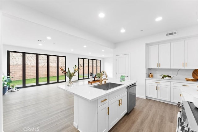 kitchen featuring visible vents, a sink, light wood-style floors, appliances with stainless steel finishes, and white cabinets