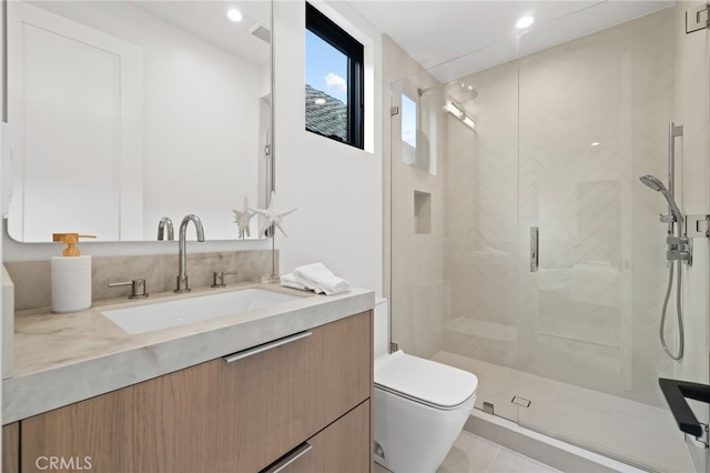 bathroom featuring tile patterned floors, toilet, recessed lighting, a shower stall, and vanity