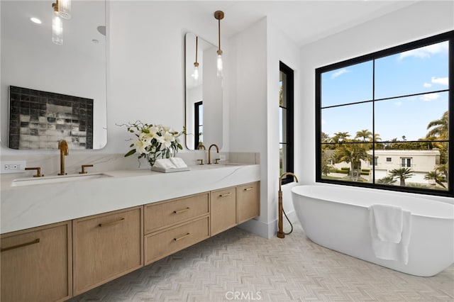 full bathroom featuring a sink, a freestanding bath, and double vanity