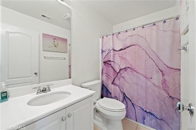 bathroom featuring tile patterned flooring, visible vents, toilet, a shower with shower curtain, and vanity