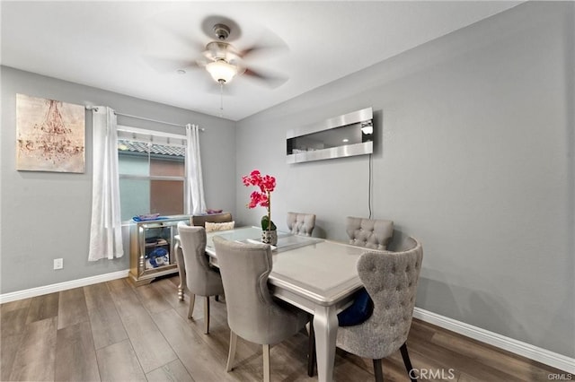 dining room featuring baseboards, wood finished floors, and a ceiling fan