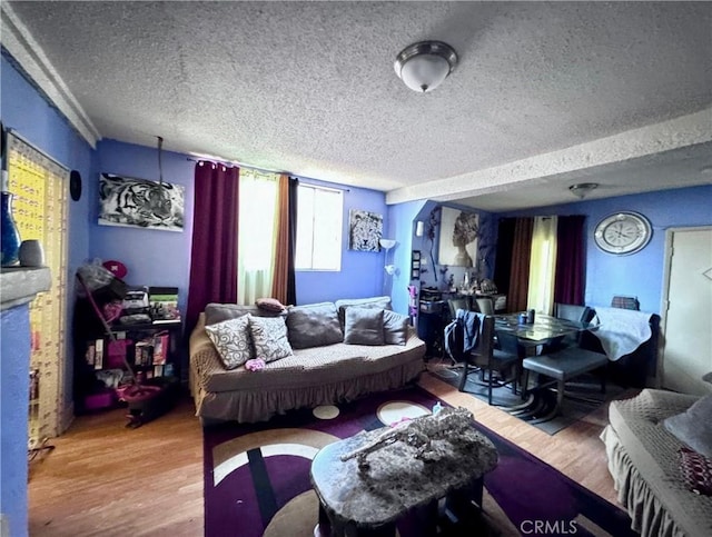 living area with a textured ceiling and wood finished floors