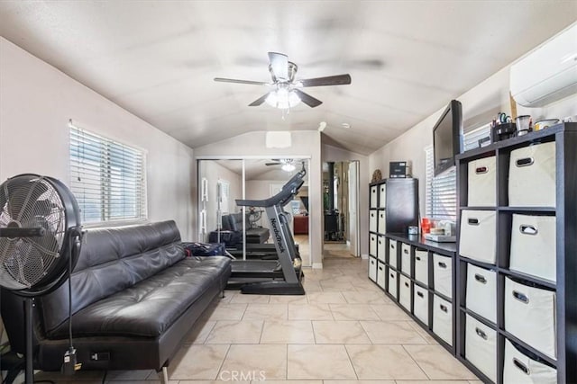 workout room with vaulted ceiling, light tile patterned floors, a wall mounted air conditioner, and ceiling fan