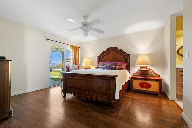 bedroom with access to outside, baseboards, wood-type flooring, and ceiling fan