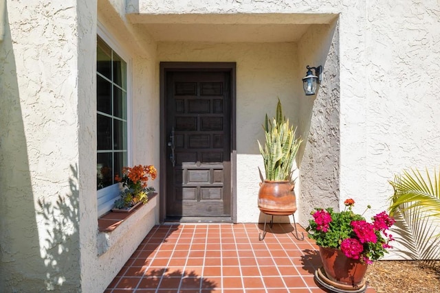 entrance to property with stucco siding