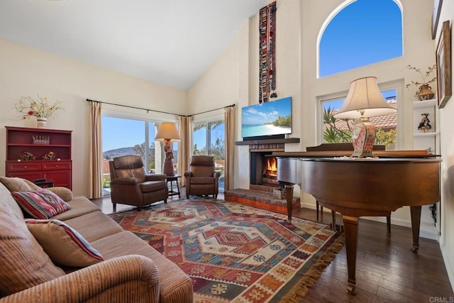 living area featuring high vaulted ceiling, a warm lit fireplace, and hardwood / wood-style flooring