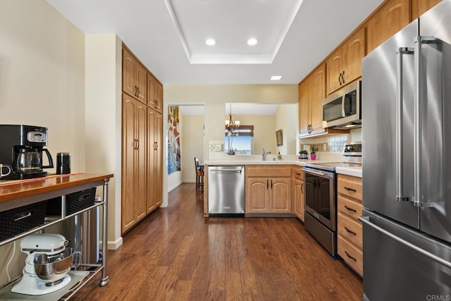 kitchen featuring dark wood finished floors, light countertops, appliances with stainless steel finishes, a raised ceiling, and a sink