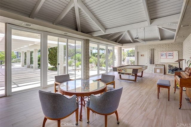 interior space with lofted ceiling with beams, visible vents, wooden ceiling, and pool table