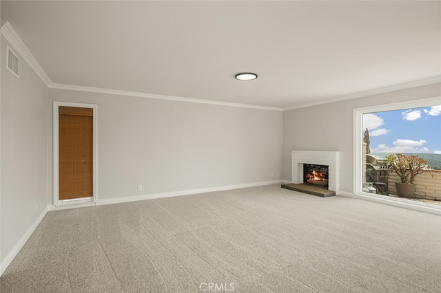 31711 Crystal Sands Dr, Laguna Niguel, CA 92677 - unfurnished living room featuring ornamental molding, carpet flooring, and a brick fireplace