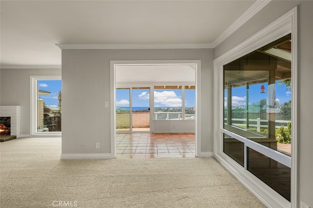 31711 Crystal Sands Dr, Laguna Niguel, CA 92677 - carpeted spare room with crown molding and a lit fireplace