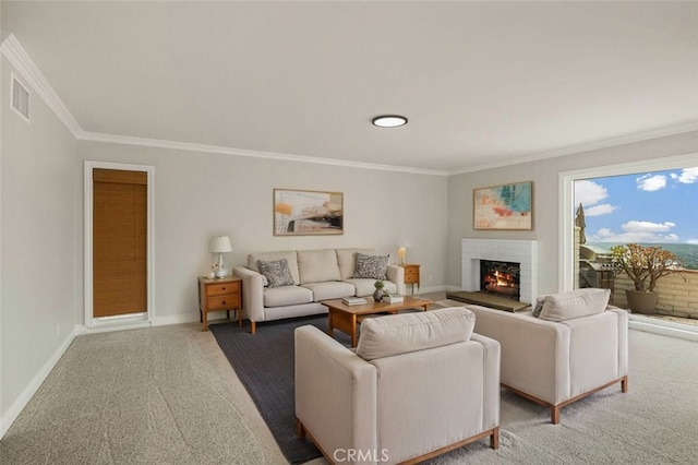 31711 Crystal Sands Dr, Laguna Niguel, CA 92677 - carpeted living area featuring crown molding and a fireplace