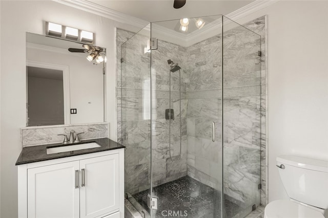 31711 Crystal Sands Dr, Laguna Niguel, CA 92677 - full bath featuring marble look tile flooring, crown molding, vanity, a marble finish shower, and a ceiling fan